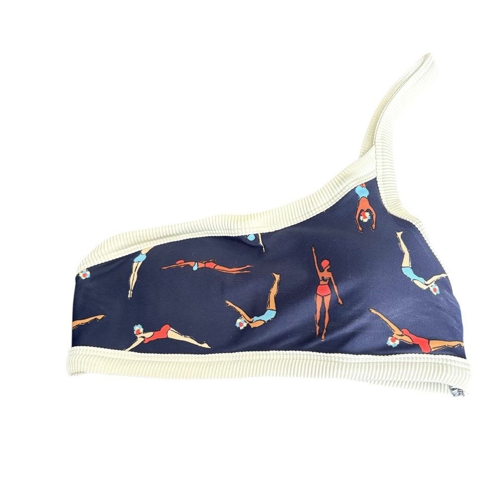 Aerie One Shoulder Swim Bikini Top Navy Swimmer Print Size XS Built-in Cups